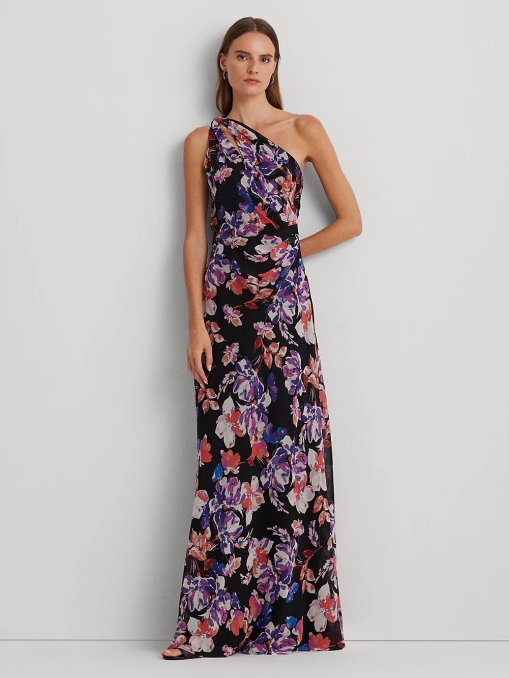 One-Shoulder Black Floral Evening Gown